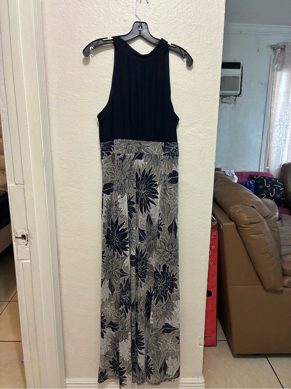 R&M Richards Navy and Gray Floral Maxi Dress